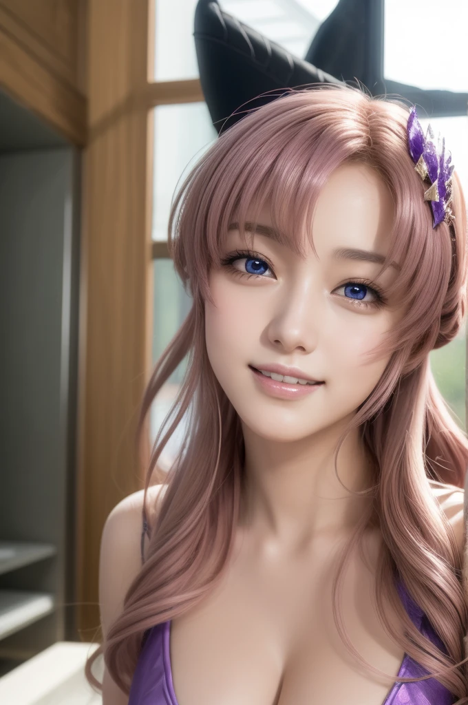 lacusclyne, lacus clyne, (purple eyes:1.1), hair ornament, long hair, wave hair ornament, (pink hair), smile, open mouth,
BREAK purple shine maiden outfit,
BREAK 1girl, 20 years old, Generous Breasts:1.2, Plump shape, 
BREAK looking at viewer, (cowboy shot:1.5),
BREAK outdoors, space, star \(sky\), sun, 
BREAK (Highest quality、4K、8K, masterpiece:1.3), Ultra detailed face, Detailed lips, Detailed eyes, double eyelid, BREAK, (Encouraging smile:1.3), (Seductive pose:1.5), (dynamic pose:1.3), dynamic angle, BREAK, 