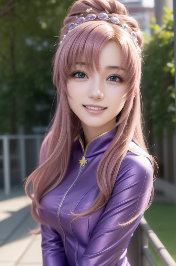 lacusclyne, lacus clyne, (purple eyes:1.1), hair ornament, long hair, wave hair ornament, (pink hair), smile, open mouth,
BREAK purple shine maiden outfit,
BREAK 1girl, 20 years old, Generous Breasts:1.2, Plump shape, 
BREAK looking at viewer, (cowboy shot:1.5),
BREAK outdoors, space, star \(sky\), sun, 
BREAK (Highest quality、4K、8K, masterpiece:1.3), Ultra detailed face, Detailed lips, Detailed eyes, double eyelid, BREAK, (Encouraging smile:1.3), (Seductive pose:1.5), (dynamic pose:1.3), dynamic angle, BREAK, 