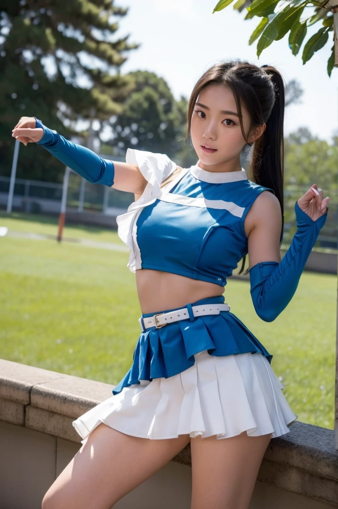 (Beautiful Japanese girl in her early teens), (White pants), (Photographed from below), Cheerleader's legs spread, Hidden nipples, 1 girl, solo, cheerleader, perfect hands, open mouth, sad expression, long hair, blush, black hair, ponytail, belt, belly button, crop top, blue skirt, pleated skirt, removable sleeves, elbow gloves, looking at viewer, outdoor, stadium