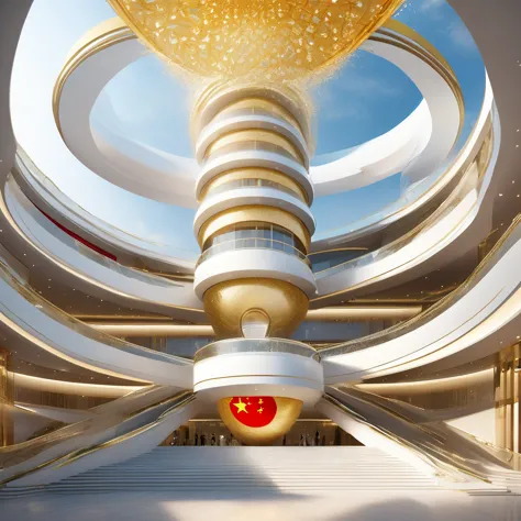 a building, futuristic circular design of 5 floors crescent like a staircase, pure crystal, gold, and diamond, at the top a chin...