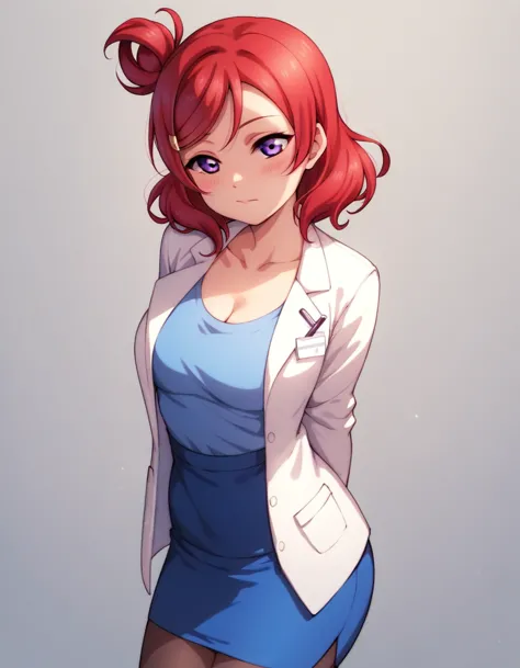 maki nishikino,solo,love live,highres,red hair , purple eyes,blush ,(cleavage:0.7) ,collarbone ,doctor ,infirmary ,lab coat , pe...