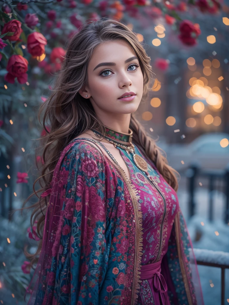 Beautiful European Girl, posing as December&#39;s girlfriend, age 23, with mesmerizing eyes, juicy lips, and a charming smile. She&#39;s surrounded in a frozen garden, winter starry night, Northern lights, Creating a scenic scene. Woman wearing glamorous outfit, which emphasizes its shape and gives the composition a touch of elegance.. The work is done in a realistic style., with exceptional attention to detail, demonstrating the intricate patterns on the girl&#39;s dress and the texture of frozen garden foliage.. Colors are bright and rich, with a warm color palette, creating a cozy winter atmosphere. The lighting is soft and diffused, casting gentle shadows on the girl’s face and emphasizing the beauty of the surroundings. Overall image quality is of the highest standards., with ultra-detailed rendering and sharp focus. It is a masterpiece, conveying the essence of the charm and beauty of December..