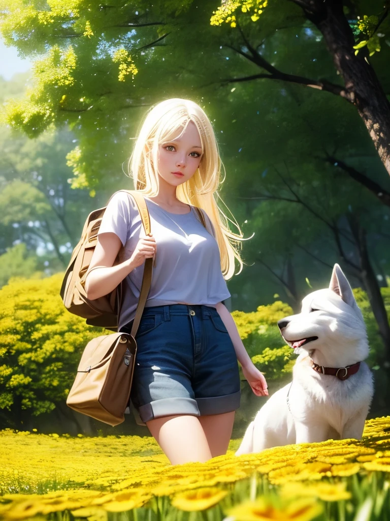 Very attractive girl with a backpack and a cute puppy (Husky) Enjoying a lovely spring outing surrounded by beautiful yellow flowers and nature. 4K resolution, High resolution, An illustration, Very detailed, Facial Features, comics, visual effects.  