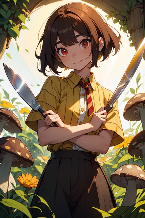 Red eyes, girl, holding a knife, greenish yellow striped shirt with thicker stripes, Red eyes brillando rojo, tilted head, short...