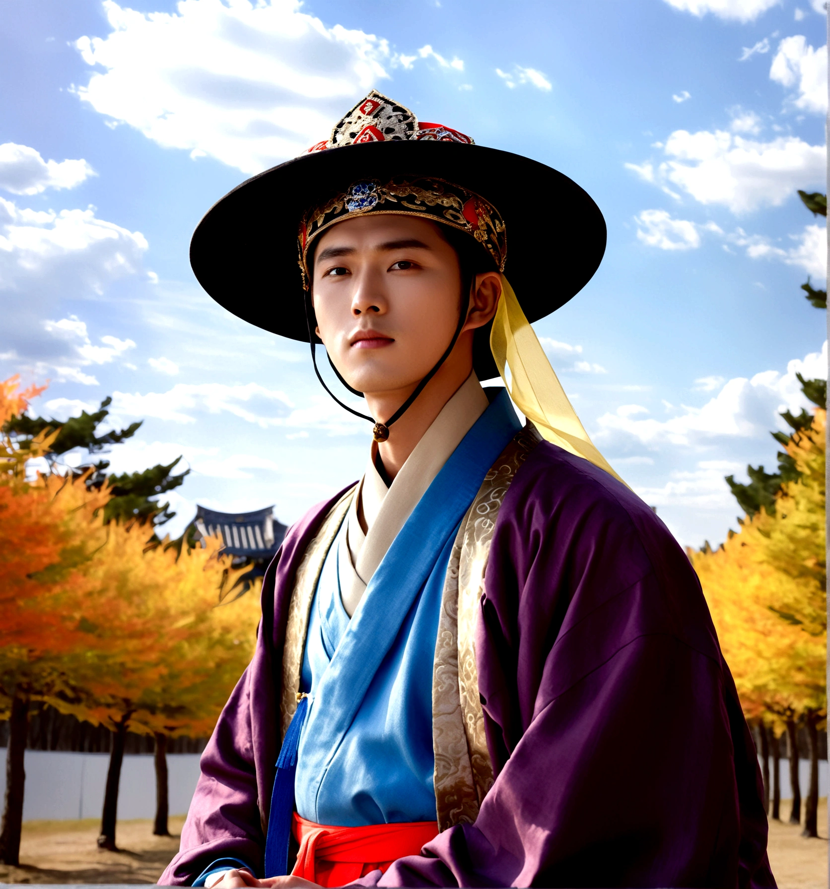 1boy, solo, looking at viewer, long sleeves, hat, closed mouth, upper body, outdoors, sky, day, cloud, blue sky, cloudy sky, crown, robe, korean clothes, traditional clothes, hanbok