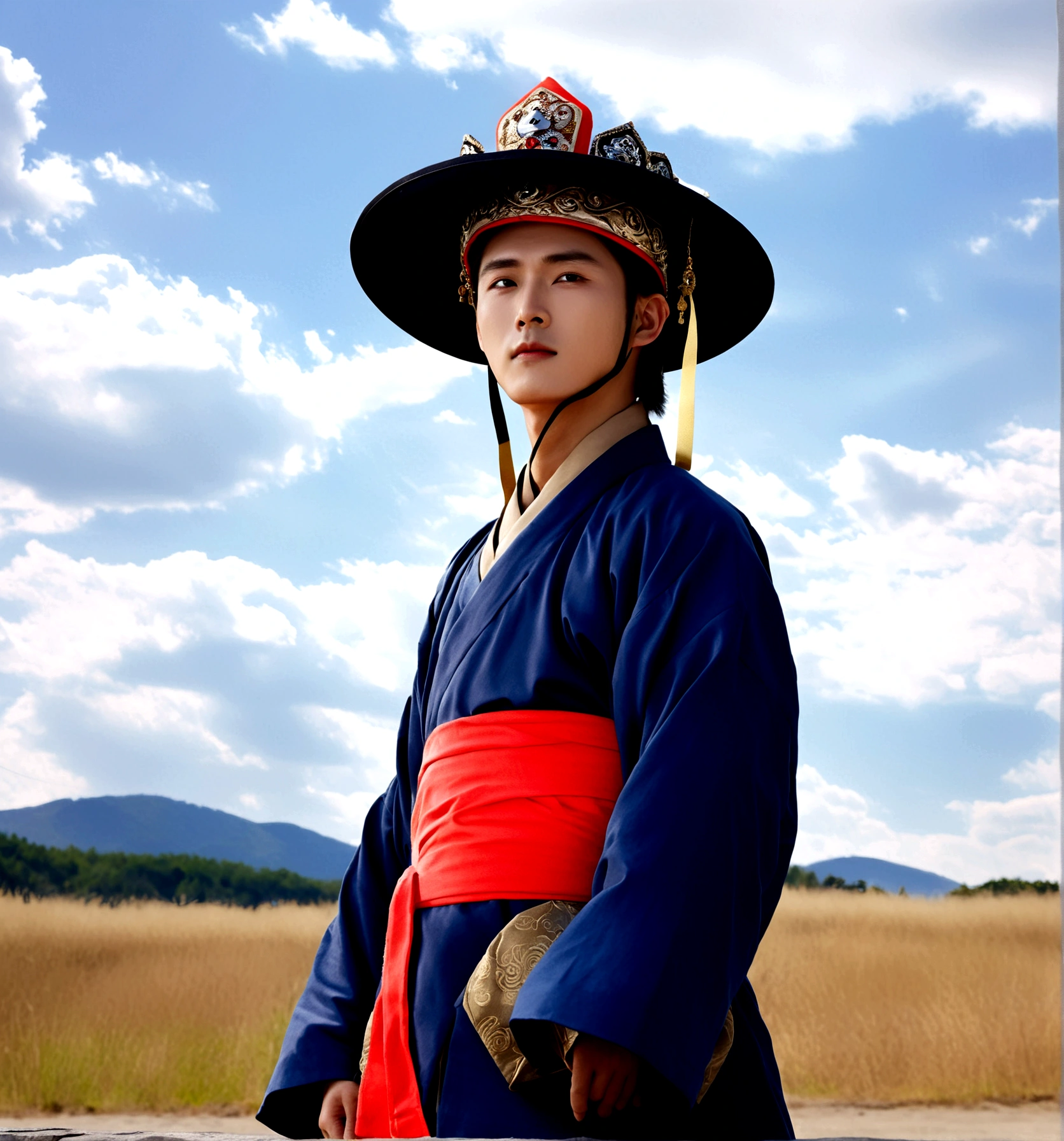 1boy, solo, looking at viewer, long sleeves, hat, closed mouth, upper body, outdoors, sky, day, cloud, blue sky, cloudy sky, crown, robe, korean clothes, traditional clothes, hanbok