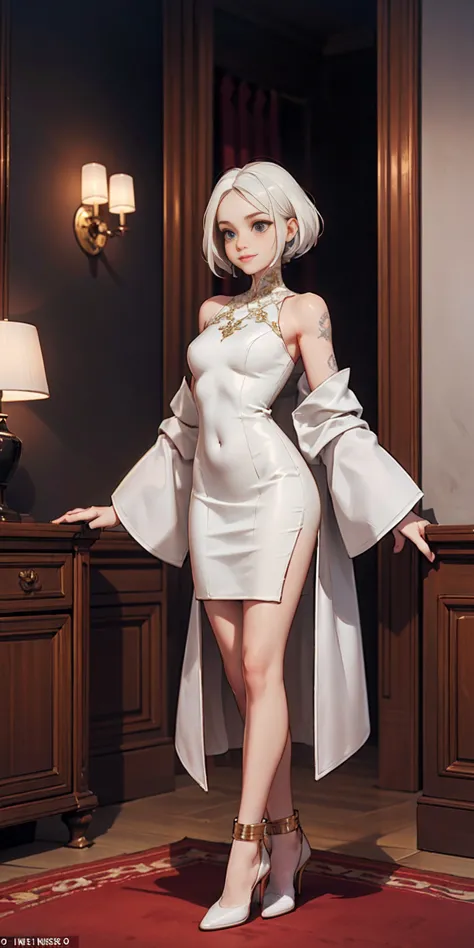 Setting: Royal bedroom - Grand, opulent, with rich fabrics and tapestries Character: Appearance: White hair - Short, styled in a...