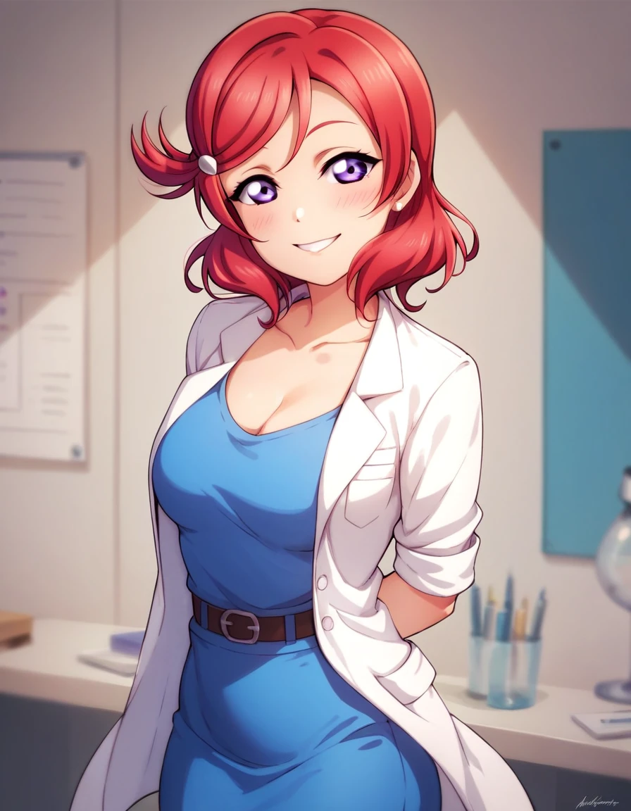 Maki nishikino,solo,love live,highres,red hair , purple eyes,blush ,(cleavage:0.6) ,collarbone ,doctor ,infirmary ,lab coat , pencil skirt , arms behind back , smile 