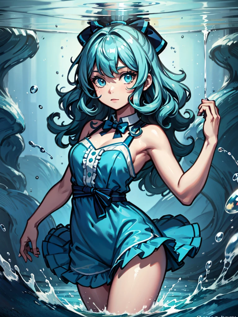 Girl，Cyan hair，curls，Water Element，Blue clothes，cute