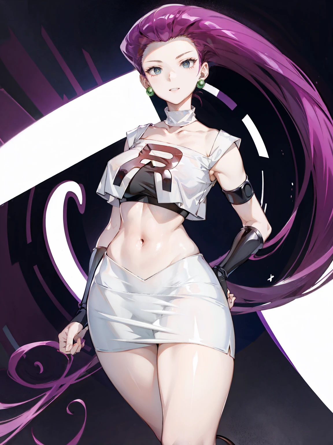 Jessie Pokemon, jewelry, Official Art,(Team Rocket:1.3, Black arm guard, Black knee-high socks, White Skirt, white crop shirt) , blue eyes, One girl, Purple Hair, Earrings, clavicle, I slicked my hair back., Part your lips, Blurred Background, Big Breasts, Hands on hips、belly button
