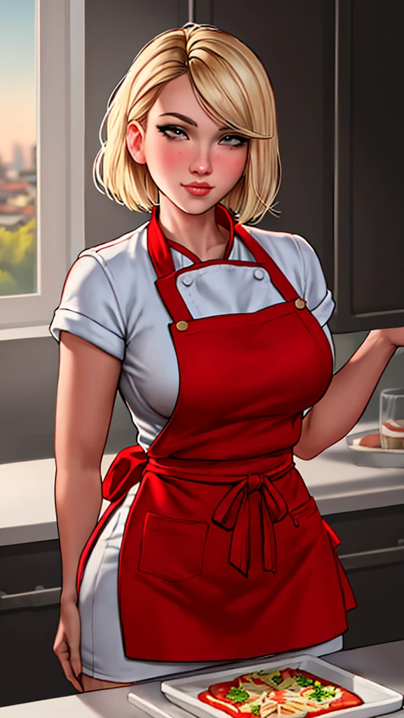 Comic style, An image of a busty chef, blonde bob hair, gorgeous, in a kitchen, dawn lights, bloom, (detailed skin complexion:1.2), best quality, deep color, complex shading effect, ambient occlusion, highly detailed textures