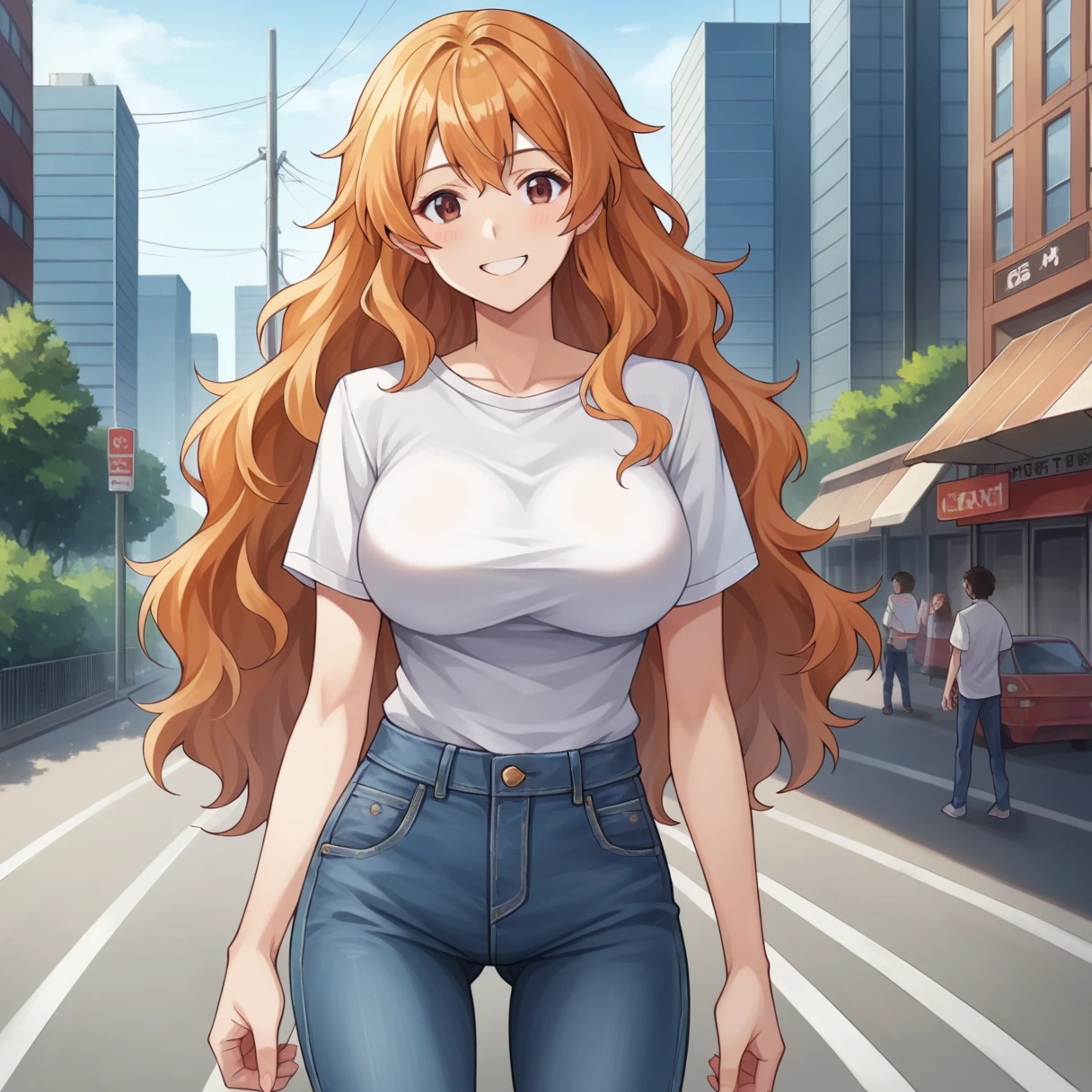 score_9, score_8_superior, score_7_superior, score_6_superior, score_5_superior, score_4_superior, Break Source_anime,throw,city,Outdoor,smile,Are standing, we_Intellectual, Orange Hair, Long Hair, Wavy Hair, Side Lock, Brown eyes, Large Breasts, White T-shirt,Short sleeve,jeans,denim