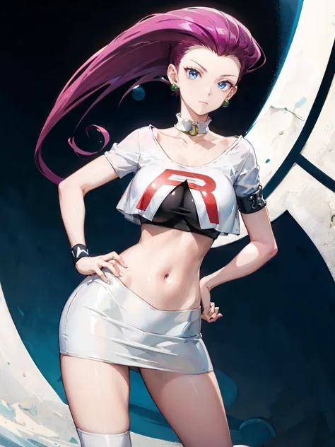 Jessie Pokemon, jewelry, Official Art,(Team Rocket:1.3, Black arm guard, Black knee-high socks, White Skirt, white crop shirt) ,...