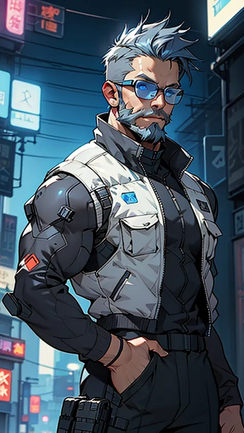 grey and blue mesh short hair、glasses、male、tactical vest、whole body、cyber punk、view here、front、beard