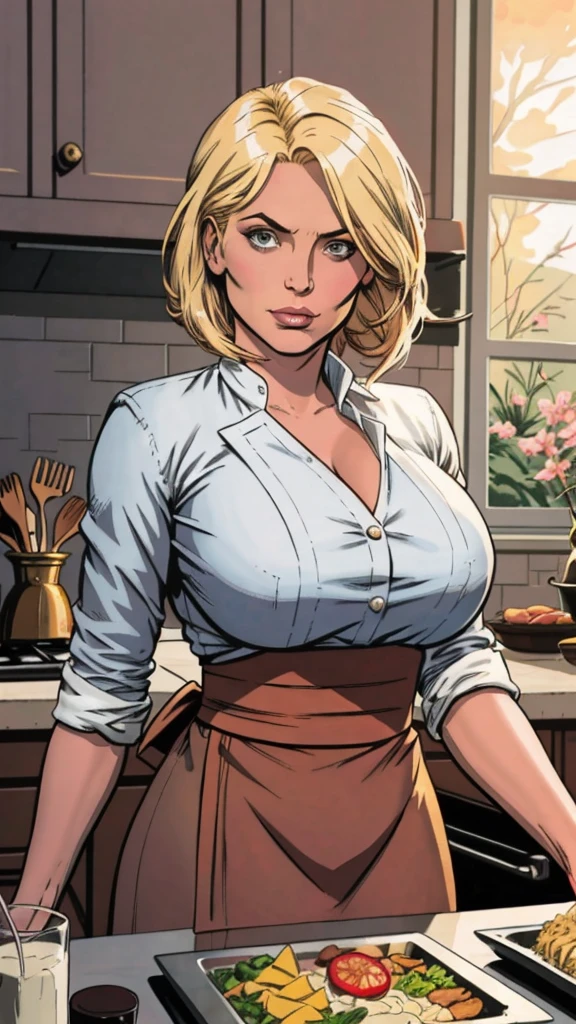 Comic style, An image of a busty chef, blonde bob hair, gorgeous, in a kitchen, dawn lights, bloom, (detailed skin complexion:1.2), best quality, deep color, complex shading effect, ambient occlusion, highly detailed textures