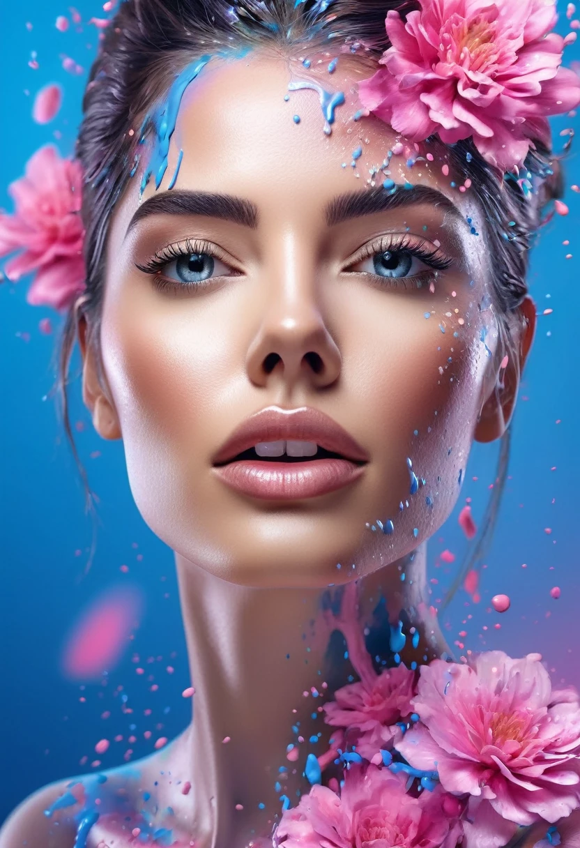 Photorealistic image of a woman, abstract background, blue and pink gradient,  made of flowers, paint spilling , ultra clear