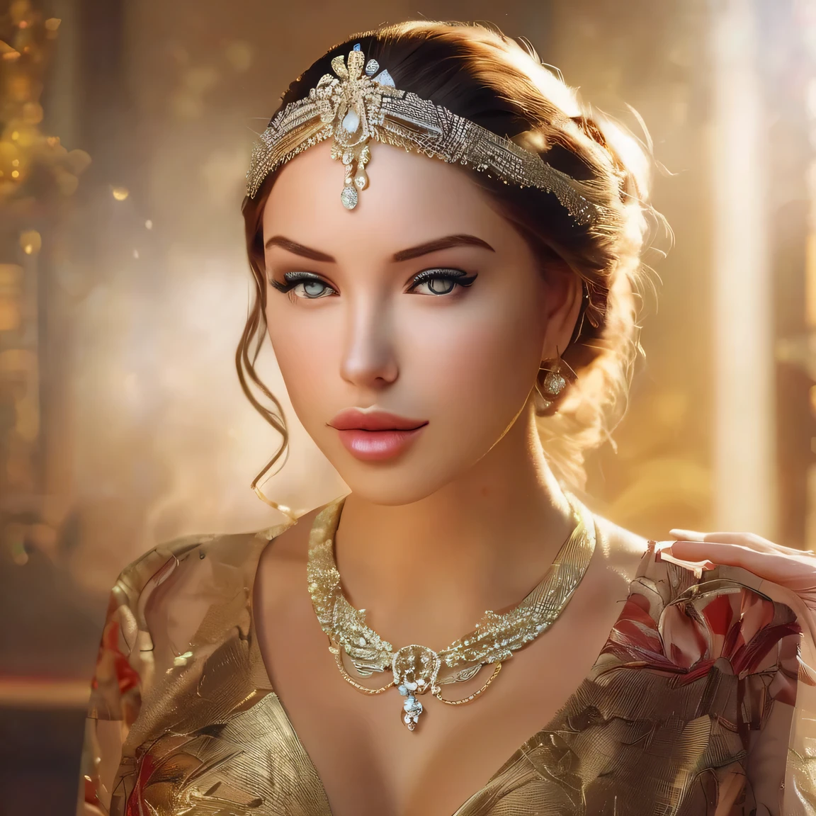 masterpiece, best quality, 1 girl, solo, laurence bedard, glossy, beautiful detailed eyes, beautiful detailed lips, extremely detailed face, longeyelashes, elegant, graceful, serene, peaceful expression, intricate jewelry, ornate headpiece, flowing dress, cinematic lighting, warm golden tones, dramatic backlighting, highly detailed, photorealistic, digital painting