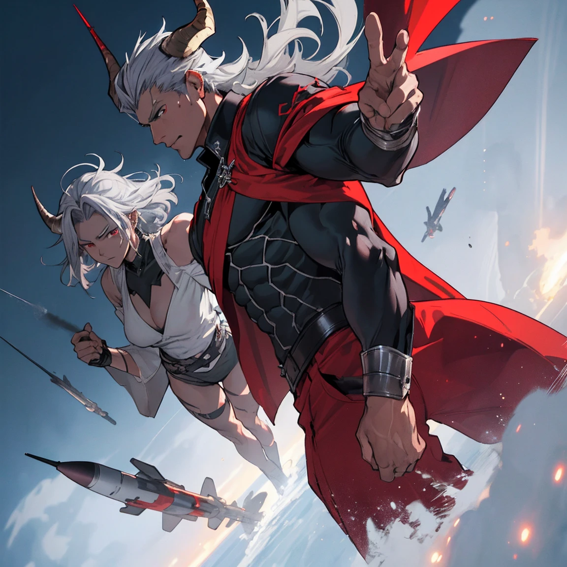 work of art,best qualityer,high resolution,cinematic lighting,dramatic angle,1 old,Izudia,missilesduras,cape,holding missiles,弓 \(missiles\),demoness, naughty man, silver-haired, with 2 horns, young-looking red skin, sad and severe look, blue nobles clothes