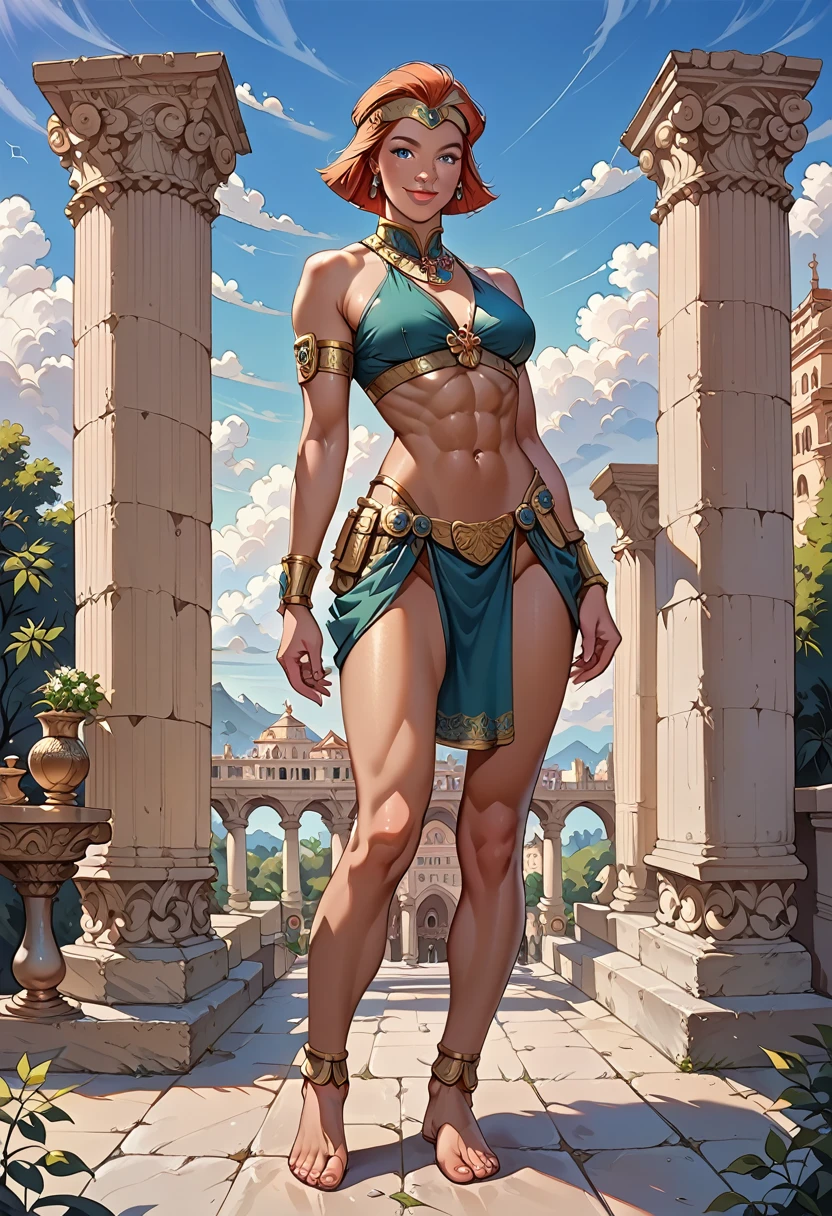 score_9, score_8_up, score_7_up, score_7, score_6_up, solo, masterpiece, best quality, ultra-detailed, illustration, 1girl, Clover \(totally spies\), blond hair, short hair, blue eyes, ancient spartan woman, ancient spartan outfit, smile, ancient sparta, ancient greek city, looking at viewer, full body, barefeet, abs, jewels,crop-top,loincloth, standing 