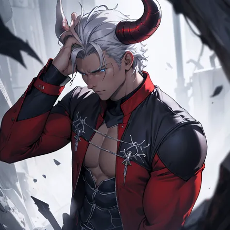 work of art,best qualityer,high resolution,cinematic lighting,dramatic angle, demon, naughty man, silver-haired, with 2 horns, y...