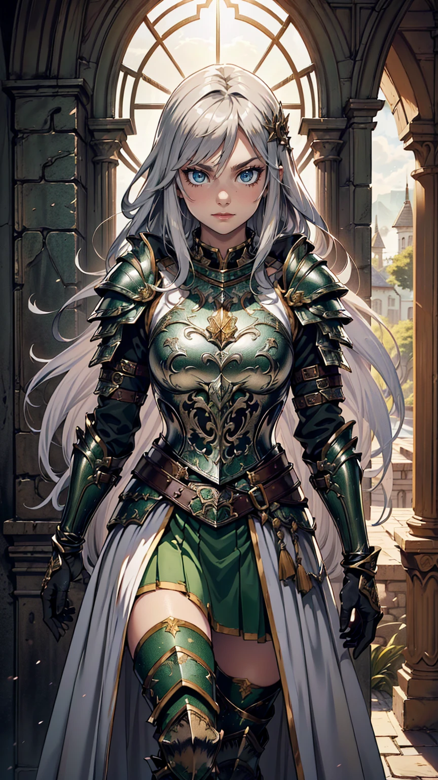 最high quality、Ultra High Definition, Ultra High Quality, Hyper Definition, Hyper Quality, Hyper Detailed, Extremely Detailed, Perfectly Detailed, Best image quality、masterpiece、anime woman((20-year-old、super dynamic pose , Green solid eyes, Silver long Hair、Disheveled Hair、Long White Hair,  Glove、Green Skirt, Noble Armor, Smirk, cheerful expression, Detailed Cuirass , Dressed in Full Coverage Noble Plate Armor, leg armor)),high quality、Beautiful art、background((Inside the mansion))、Written boundary depth、  movie、Visual Arts、Perfect art、8K,Genuine、