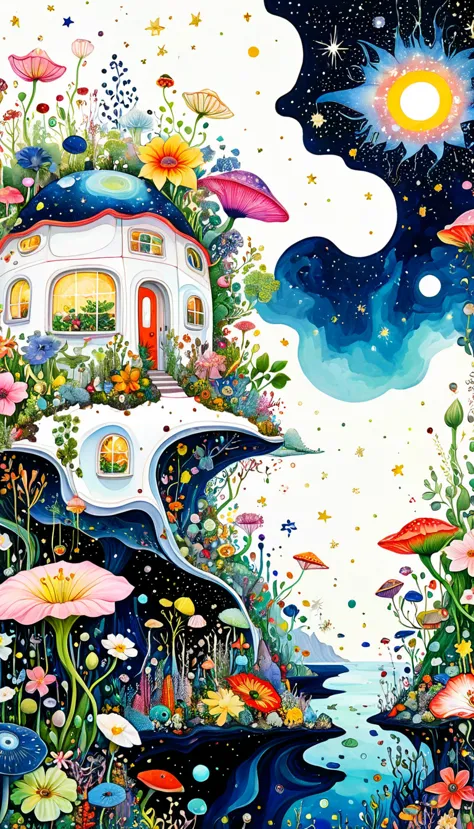 huge flower house，microorganism、plant、marine life、eye、starry sky，stitching together an abstract painting，describing the inner wo...