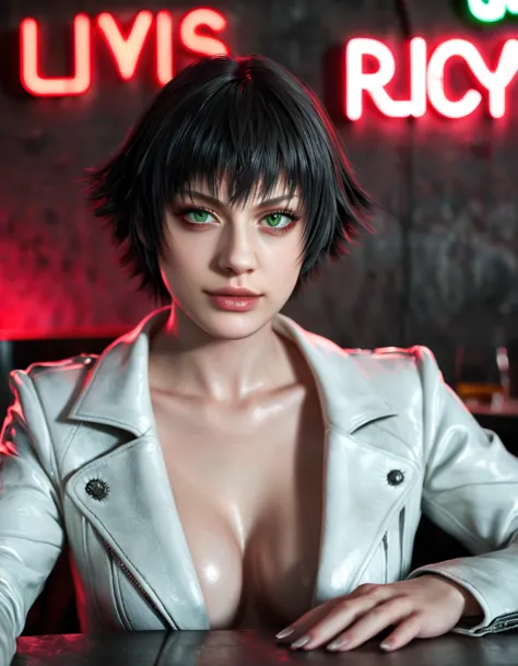 (best quality:1.2), lady (from devil may cry 5:1.1), perfect face, white jacket, green eyes, lying in a table, in a dark agency ...