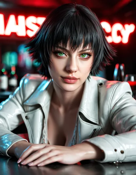 (best quality:1.2), lady (from devil may cry 5:1.1), perfect face, white jacket, green eyes, lying in a table, in a dark agency ...