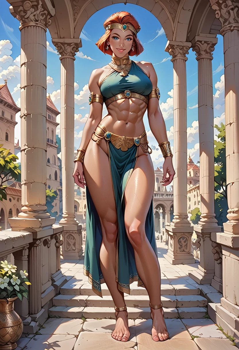 score_9, score_8_up, score_7_up, score_7, score_6_up, solo, masterpiece, best quality, ultra-detailed, illustration, 1girl, Clover \(totally spies\), blond hair, short hair, blue eyes, ancient spartan woman, ancient spartan outfit, smile, ancient sparta, ancient greek city, looking at viewer, full body, barefeet, abs, jewels,crop-top,loincloth, standing 