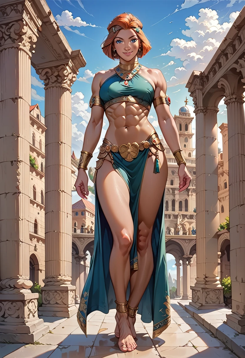 score_9, score_8_up, score_7_up, score_7, score_6_up, solo, masterpiece, best quality, ultra-detailed, illustration, 1girl, Clover \(totally spies\), blond hair, short hair, blue eyes, ancient spartan woman, ancient spartan outfit, smile, ancient sparta, ancient greek city, looking at viewer, full body, barefeet, abs, jewels,crop-top,loincloth, standing 