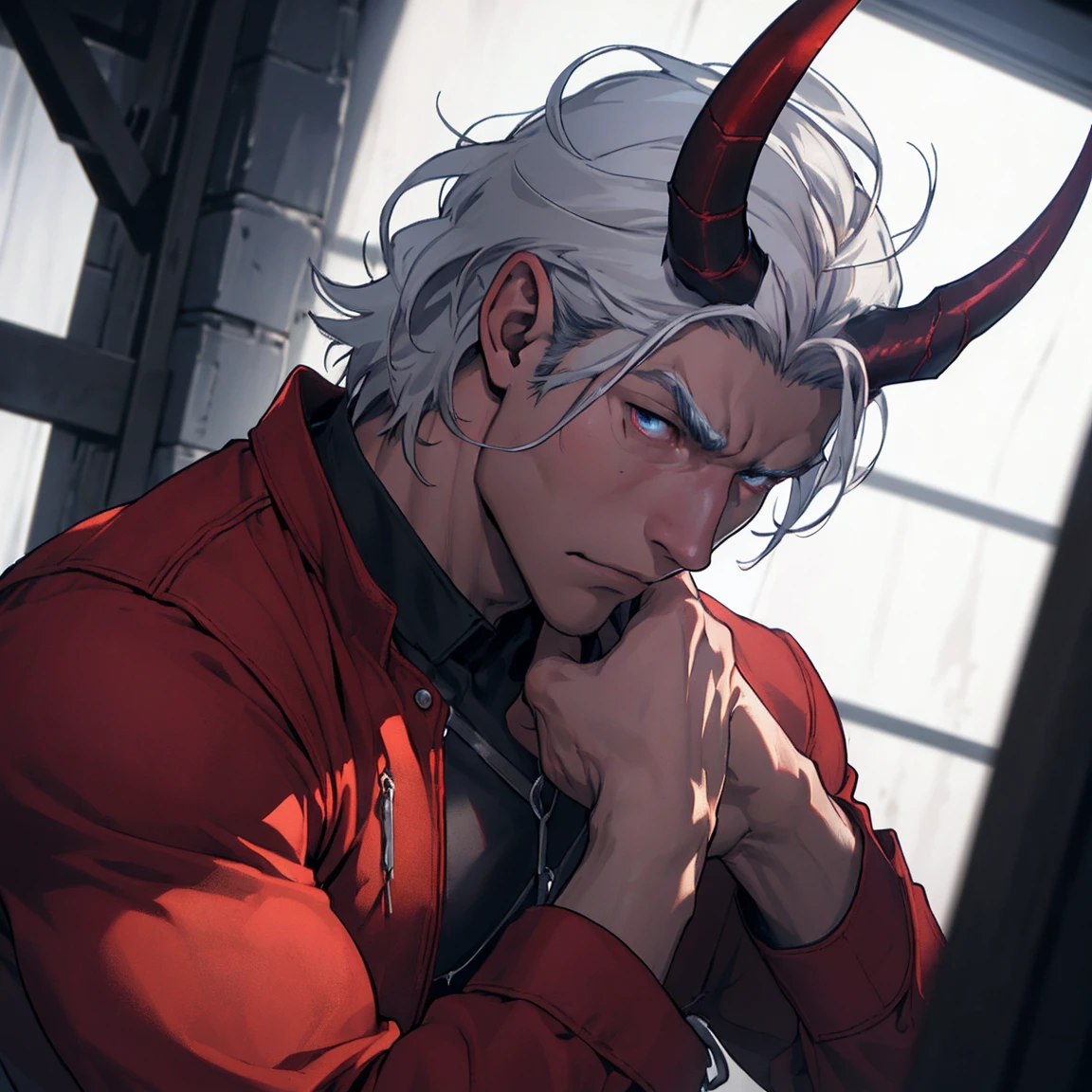 work of art,best qualityer,high resolution,cinematic lighting,dramatic angle, demon, naughty man, silver-haired, with 2 horns, young-looking red skin, sad and severe look, blue clothes, no hand