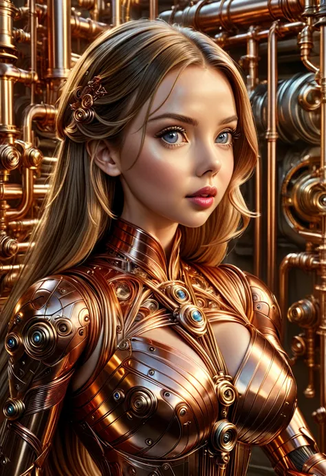 a stunning robot made of copper piping with hair made of intricate copper piping, cascading down like a metallic waterfall. she ...