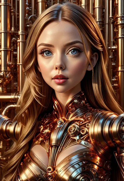 A stunning robot made of copper piping with hair made of intricate copper piping, cascading down like a metallic waterfall. She ...