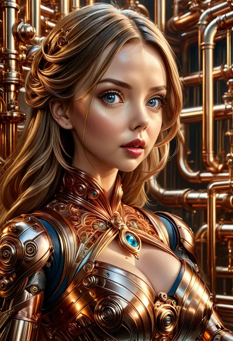 A stunning robot made of copper piping with hair made of intricate copper piping, cascading down like a metallic waterfall. She ...