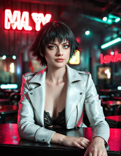 (best quality:1.2), lady (from devil may cry 5:1.1), perfect face, white jacket, black pants, green eyes,lying on the table, in ...