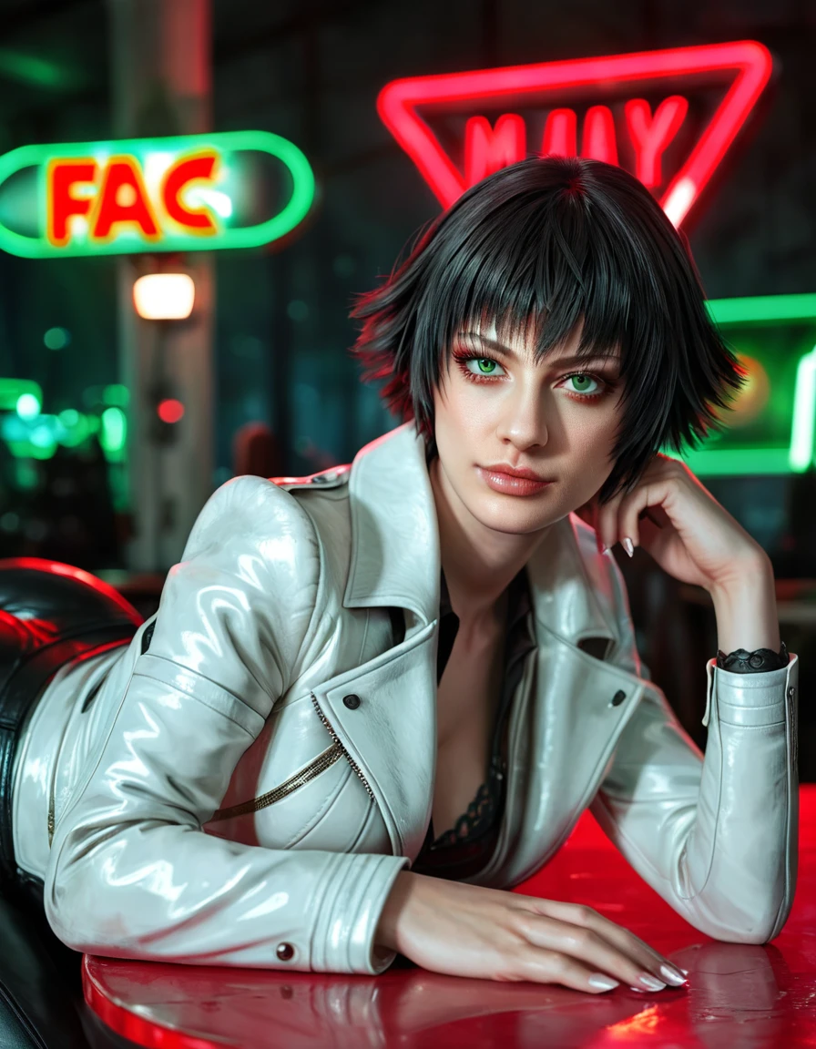 (best quality:1.2), lady (from devil may cry 5:1.1), perfect face, white jacket, black pants, green eyes,lying on the table, in a dark agency background, "devil may cry" neon red sign , night, alone
