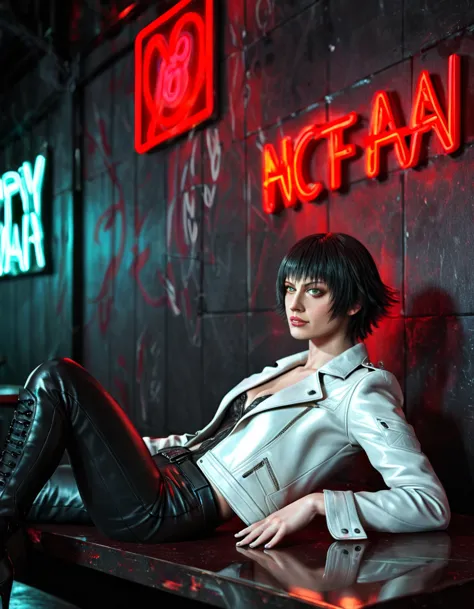 (best quality:1.2), lady (from devil may cry 5:1.1), perfect face, white jacket, black pants, green eyes,lying on the table, in ...