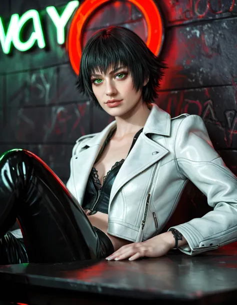 (best quality:1.2), lady (from devil may cry 5:1.1), perfect face, white jacket, black pants, green eyes,lying on the table, in ...