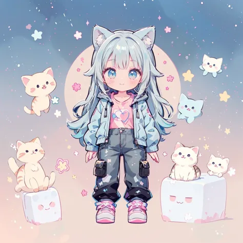 ((Highest quality，masterpiece，Extremely complex and exquisite details，A short girl with gray and blue cat ears and long hair is ...