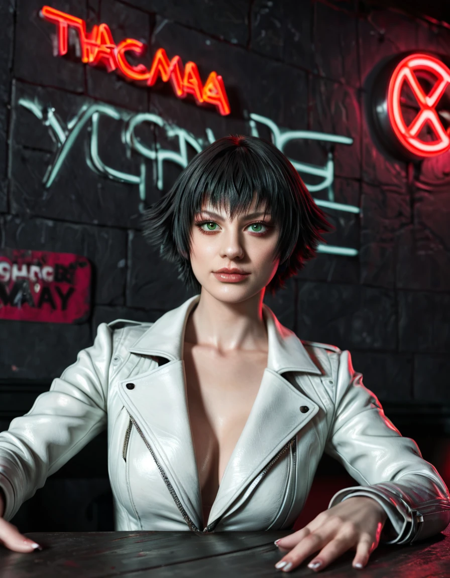 (best quality:1.2), lady (from devil may cry 5:1.1), perfect face, white jacket, black pants, green eyes,lying on the table, in a dark agency background, devil may cry neon red sign , night, alone, dark wall
