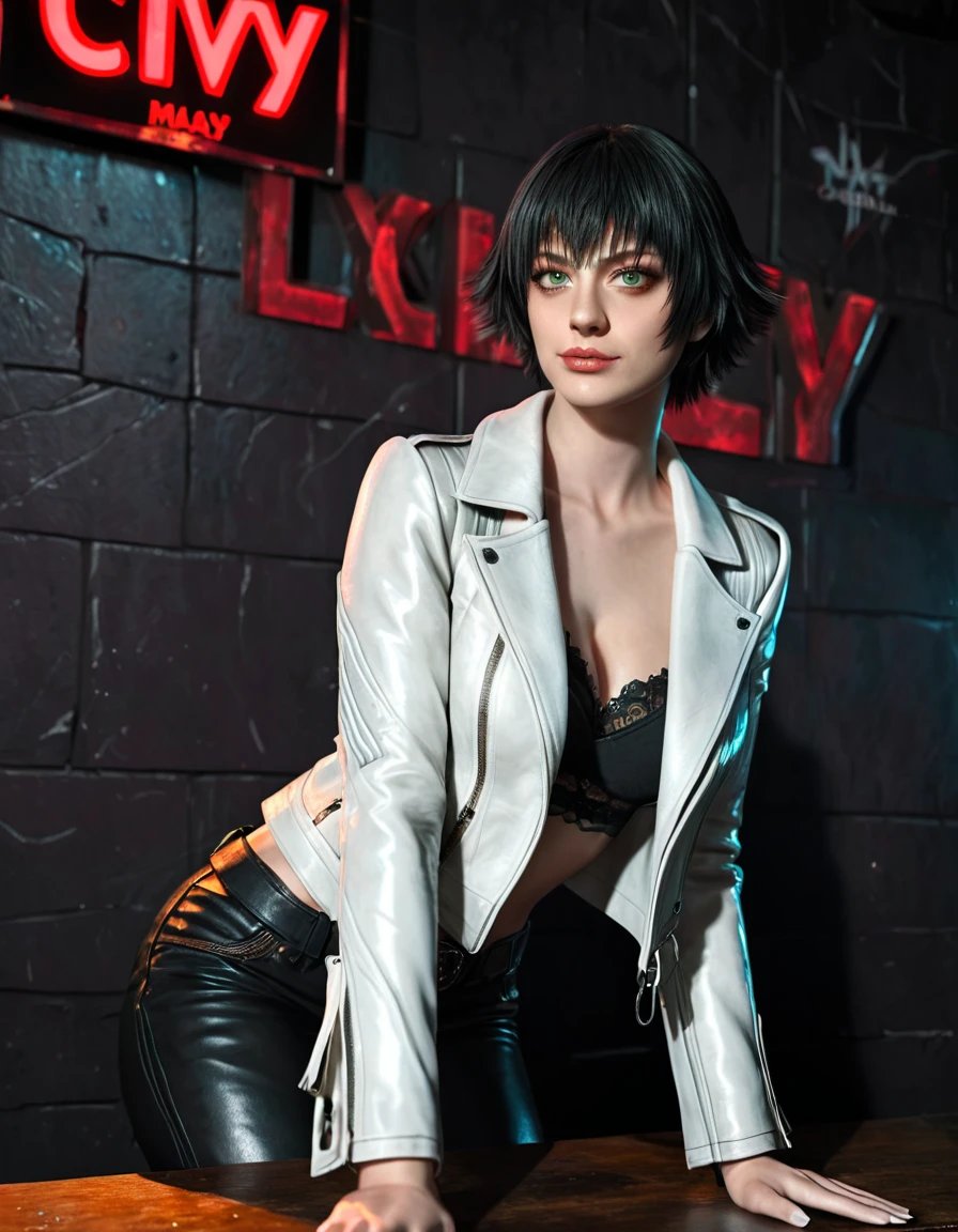 (best quality:1.2), lady (from devil may cry 5:1.1), perfect face, white jacket, black pants, green eyes, sit on the table, in a dark agency background, devil may cry red sign , night, alone, dark wall
