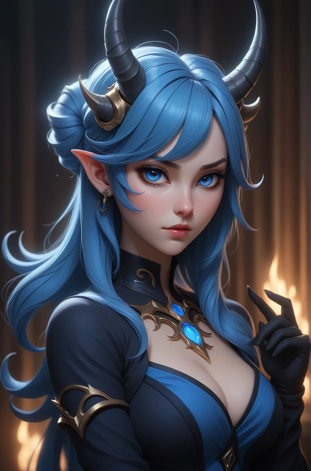 a woman in a blue outfit with horns and a black top, extremely detailed artgerm, thicc, , with blue skin, sona is a slender, oc commission, with glowing blue lights, commission for high res, 8k high quality detailed art, popular on pixiv, marin kitagawa fanart, sfw version, style artgerm