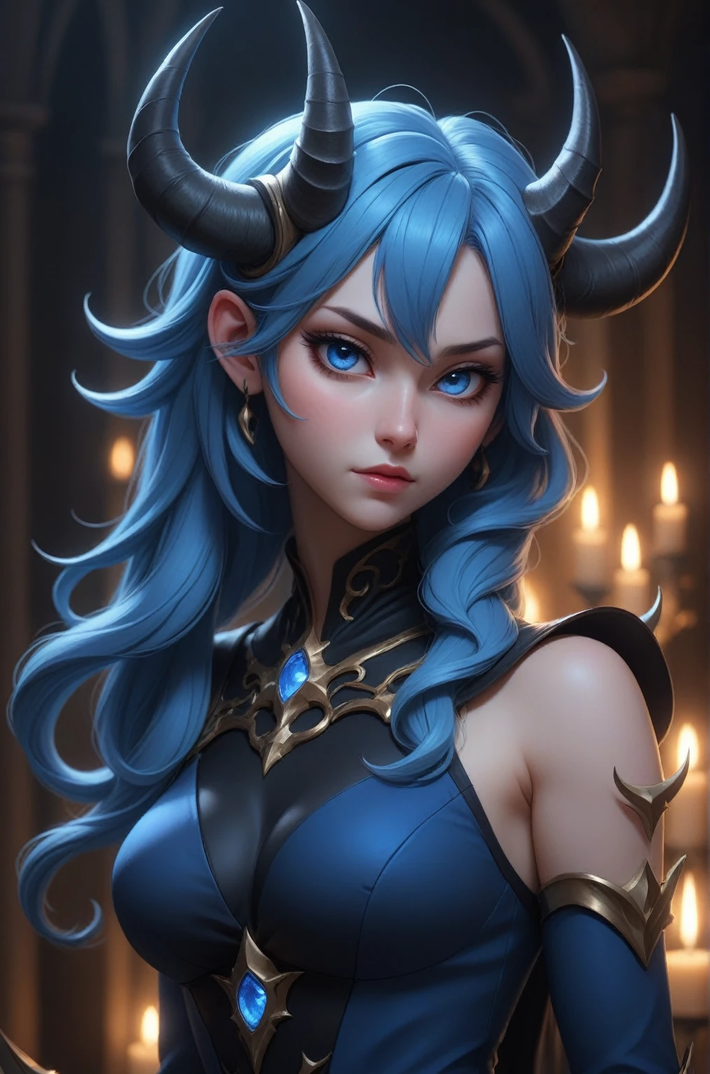 a woman in a blue outfit with horns and a black top, extremely detailed artgerm, thicc, , with blue skin, sona is a slender, oc commission, with glowing blue lights, commission for high res, 8k high quality detailed art, popular on pixiv, marin kitagawa fanart, sfw version, style artgerm