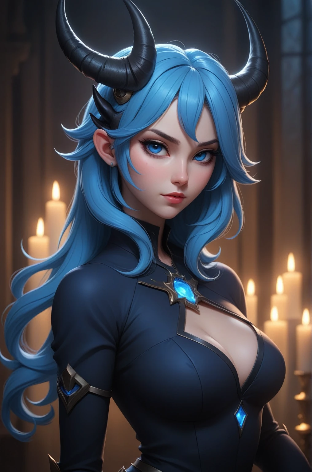 a woman in a blue outfit with horns and a black top, extremely detailed artgerm, thicc, , with blue skin, sona is a slender, oc commission, with glowing blue lights, commission for high res, 8k high quality detailed art, popular on pixiv, marin kitagawa fanart, sfw version, style artgerm