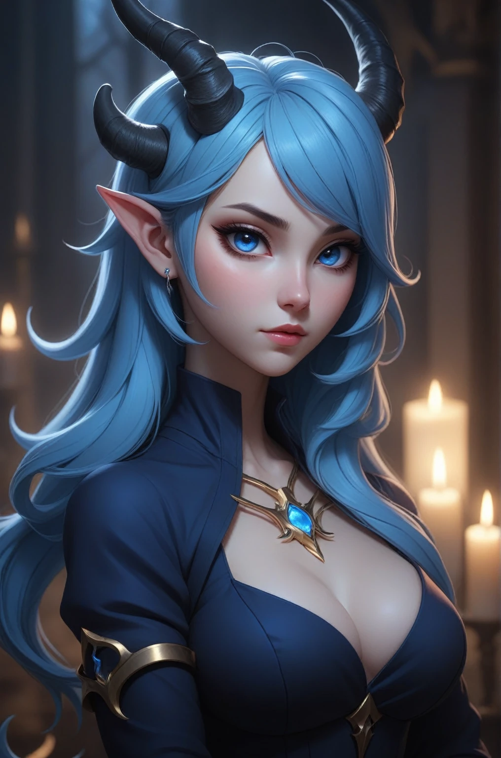 a woman in a blue outfit with horns and a black top, extremely detailed artgerm, thicc, , with blue skin, sona is a slender, oc commission, with glowing blue lights, commission for high res, 8k high quality detailed art, popular on pixiv, marin kitagawa fanart, sfw version, style artgerm