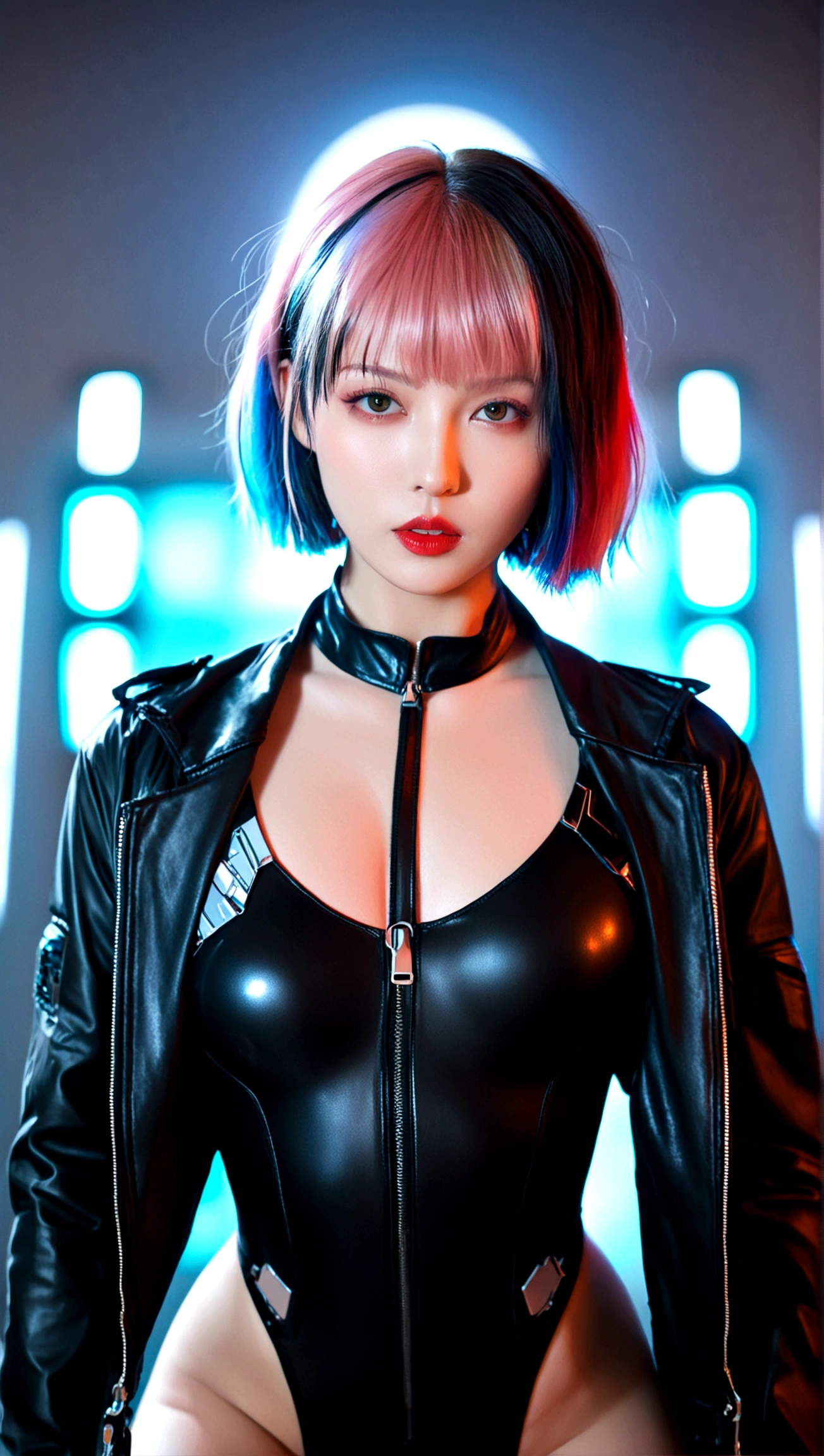 1 Mädchen, Allein, Brüste, Betrachter betrachten, Kurzes Haar, bangs, nackten Schultern, Jacke, mehrfarbige Haare, offene Kleidung, Trikot, Lippen, graue Augen, Body, bilden, black Trikot, red Lippen, cyberpunk, lucy \(cyberpunk\)