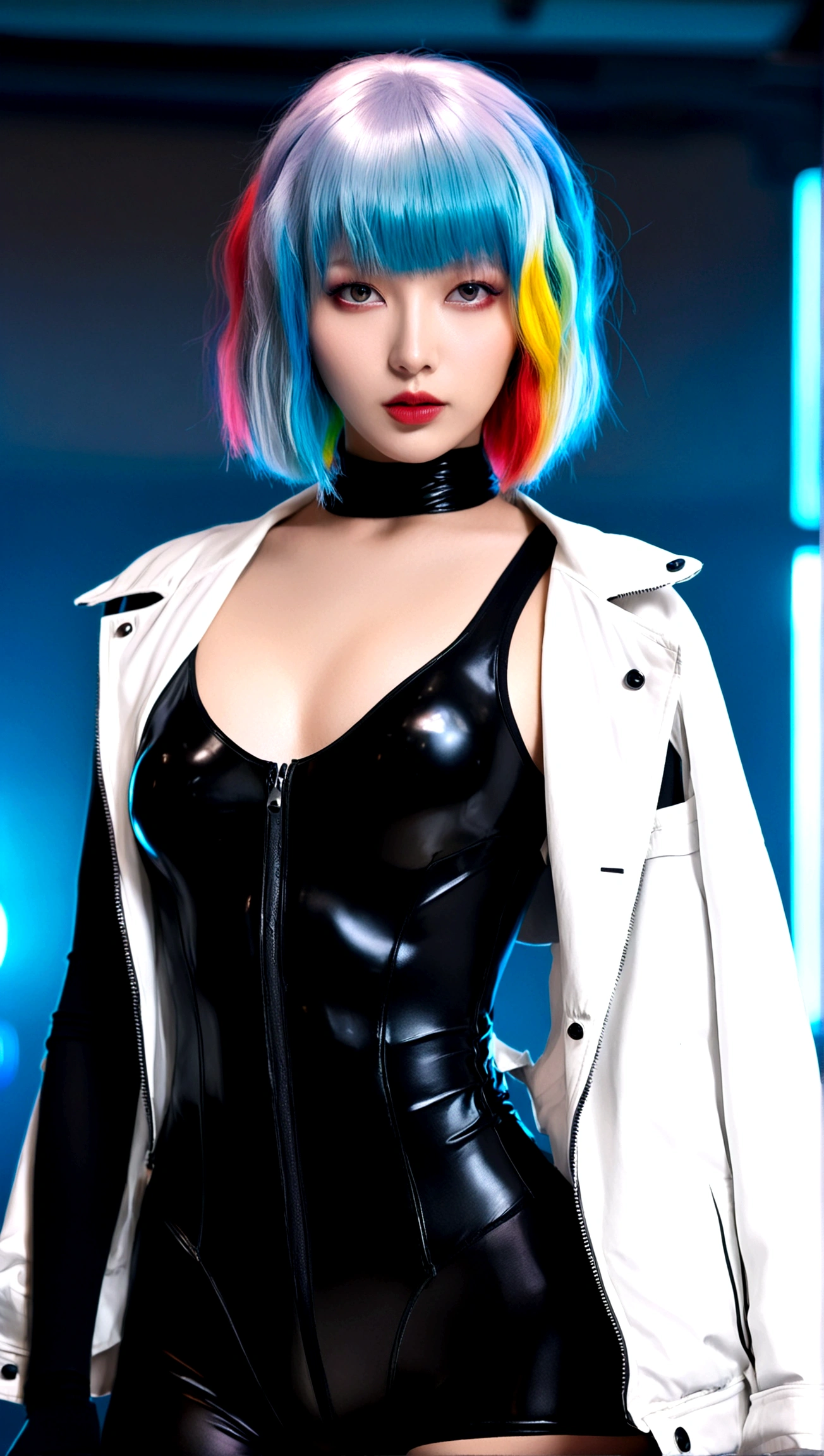 1 Mädchen, Allein, Brüste, Betrachter betrachten, Kurzes Haar, bangs, nackten Schultern, Jacke, mehrfarbige Haare, offene Kleidung, Trikot, Lippen, graue Augen, Body, bilden, black Trikot, red Lippen, cyberpunk, lucy \(cyberpunk\)