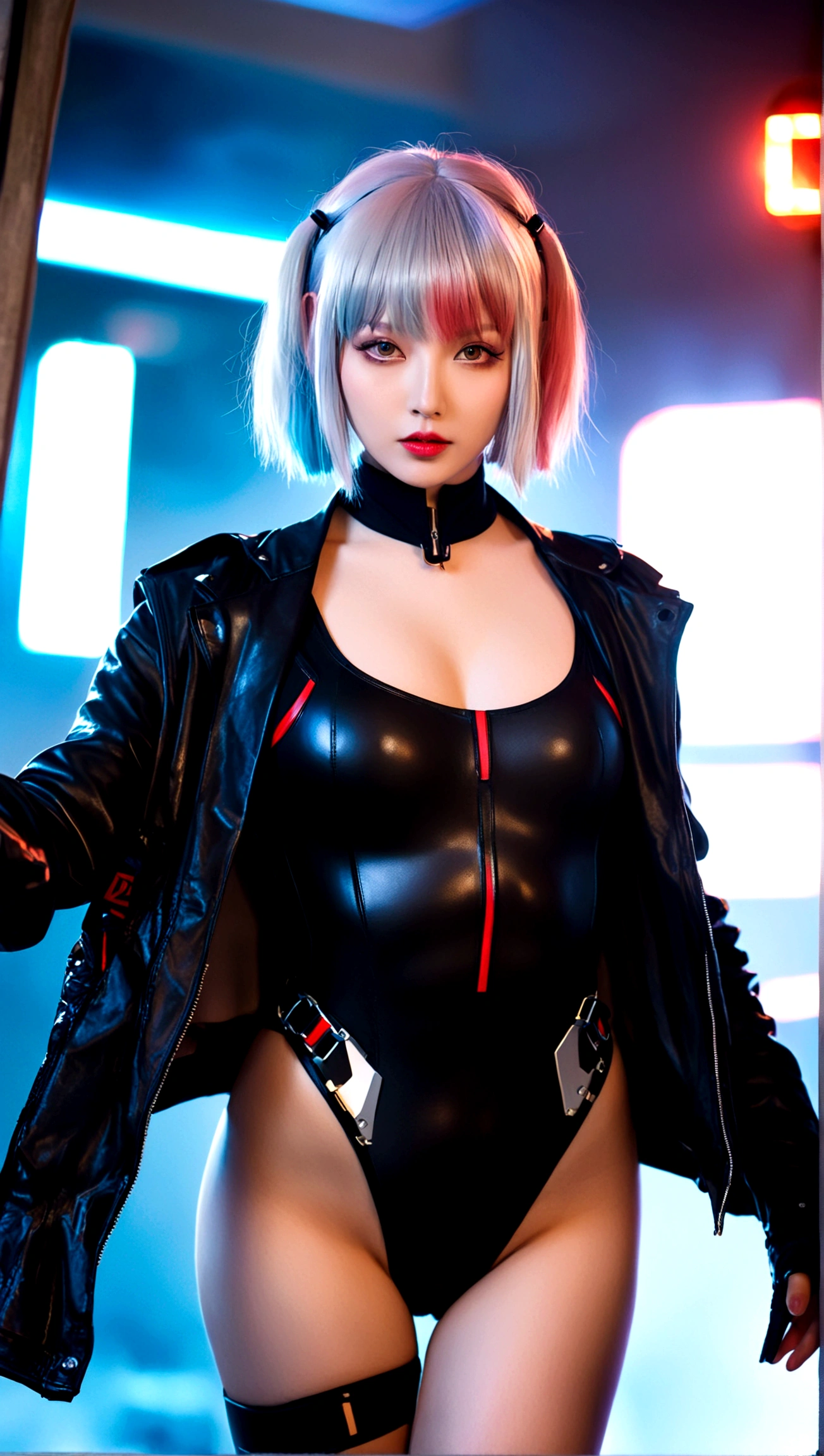 1girl, solo, breasts, looking at viewer, short hair, bangs, bare shoulders, jacket, multicolored hair, open clothes, leotard, lips, grey eyes, bodysuit, makeup, black leotard, red lips, cyberpunk, lucy \(cyberpunk\)