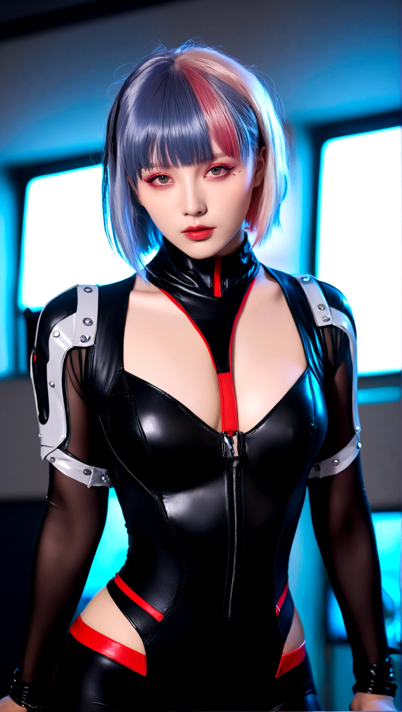 1girl, solo, breasts, looking at viewer, short hair, bangs, bare shoulders, jacket, multicolored hair, open clothes, leotard, lips, grey eyes, bodysuit, makeup, black leotard, red lips, cyberpunk, lucy \(cyberpunk\)