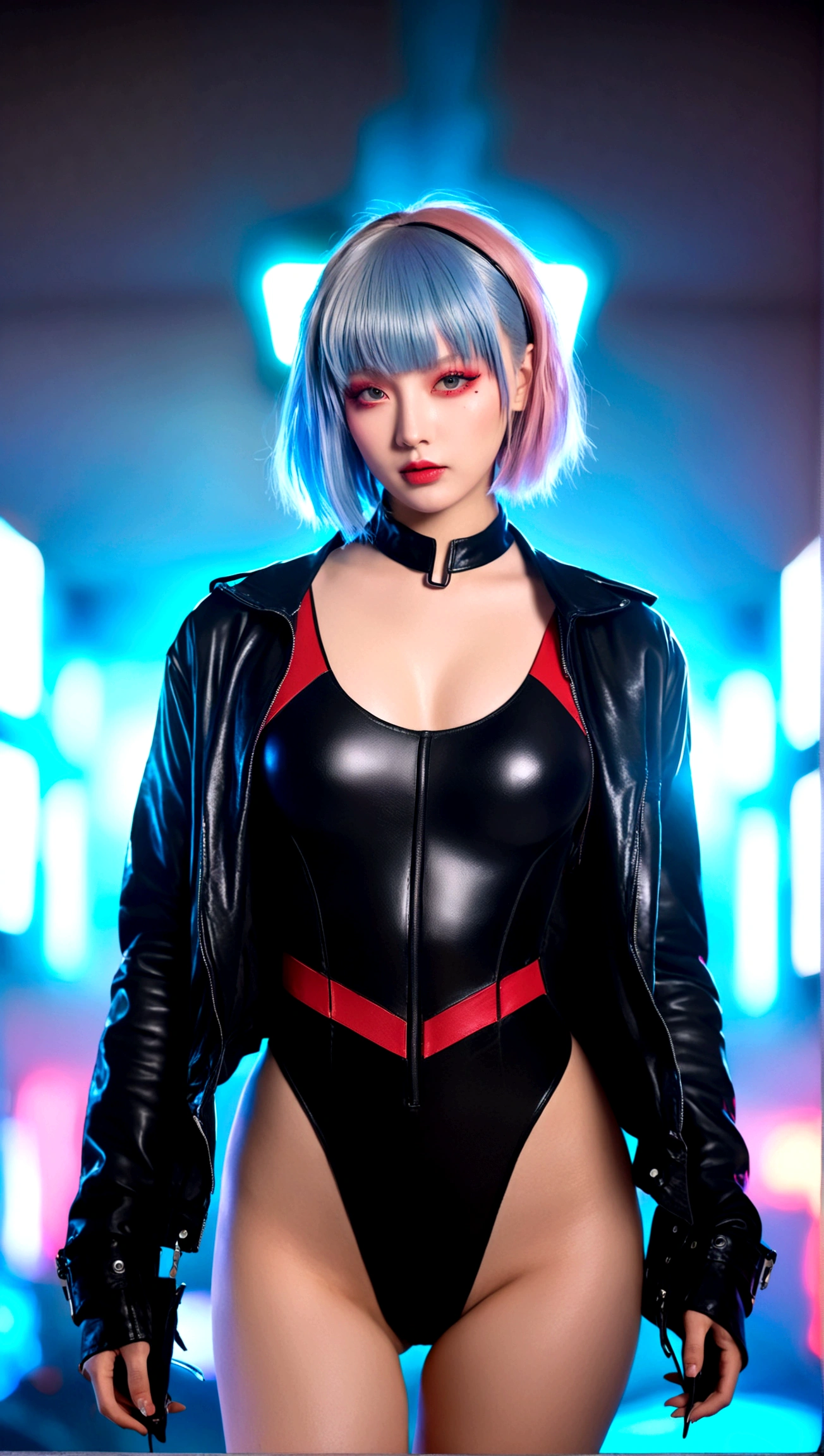 1girl, solo, breasts, looking at viewer, short hair, bangs, bare shoulders, jacket, multicolored hair, open clothes, leotard, lips, grey eyes, bodysuit, makeup, black leotard, red lips, cyberpunk, lucy \(cyberpunk\)